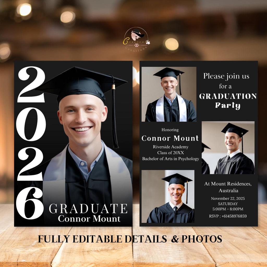 Men Graduation Announcement Invitation, Class of 2026 Senior Graduate Party with photo invite, Editable Male College Graduation Day Template