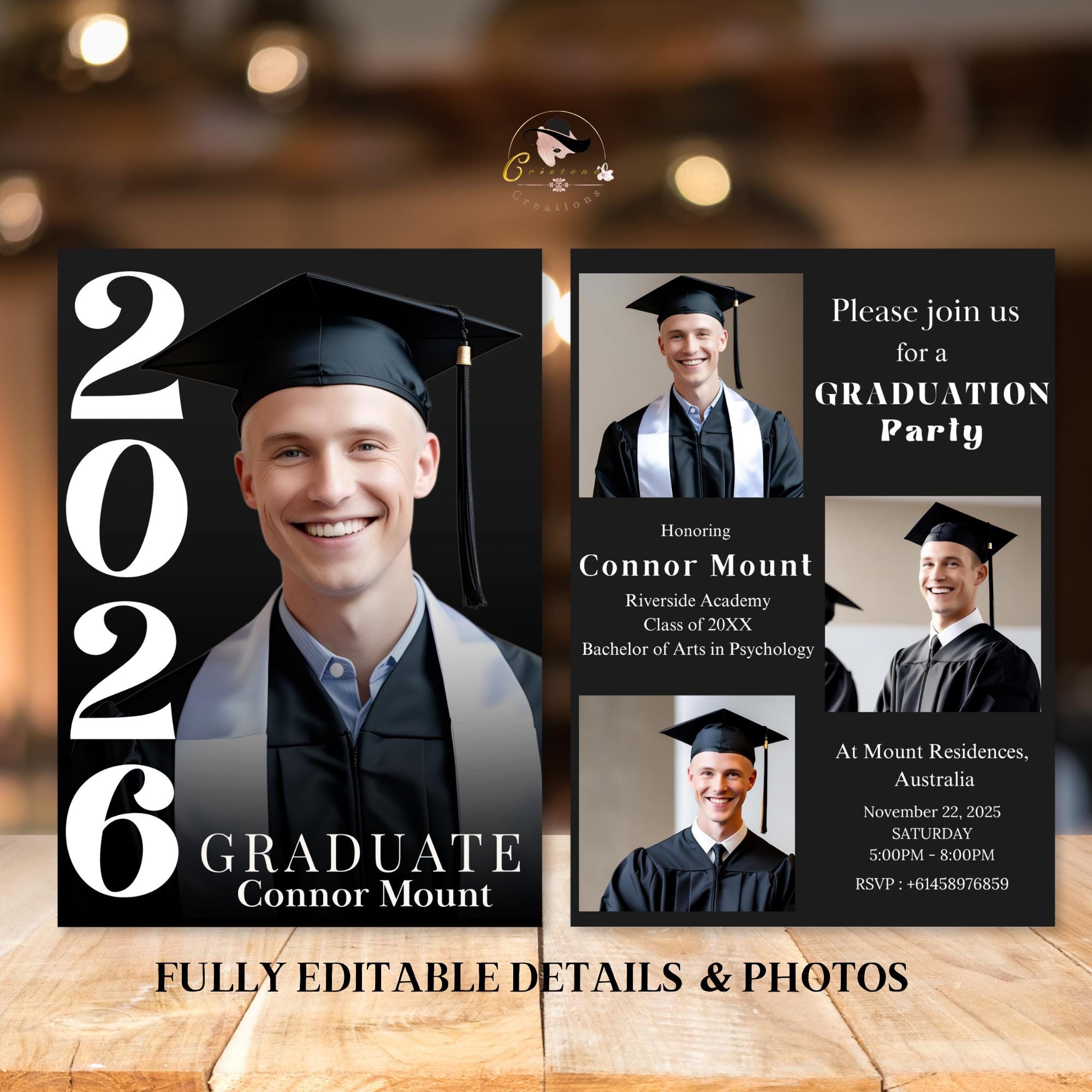 Men Graduation Announcement Invitation, Class of 2026 Senior Graduate Party with photo invite, Editable Male College Graduation Day Template