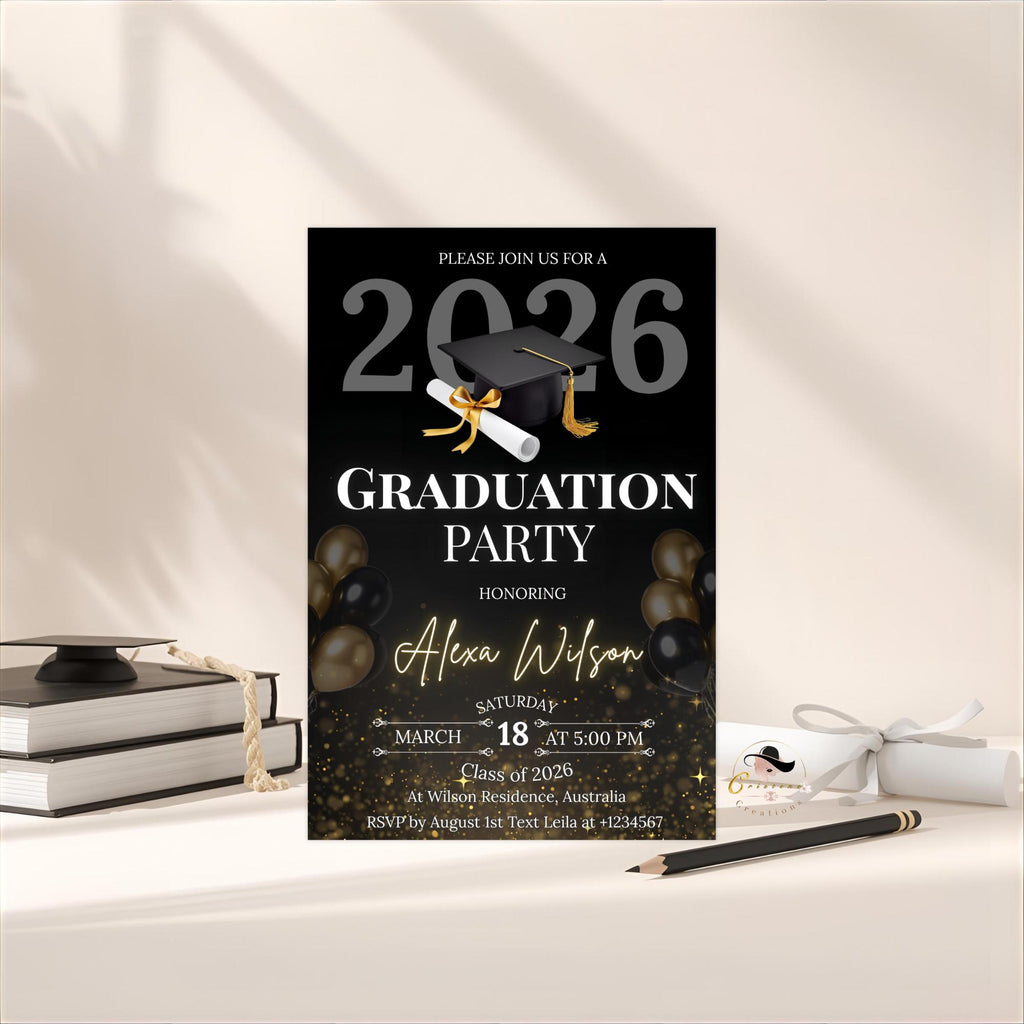 Black Gold Graduation Party Invitation, Class of 2026 Senior Graduation Dinner invite, Editable College Graduate Announcement Template