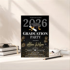 Black Gold Graduation Party Invitation, Class of 2026 Senior Graduation Dinner invite, Editable College Graduate Announcement Template