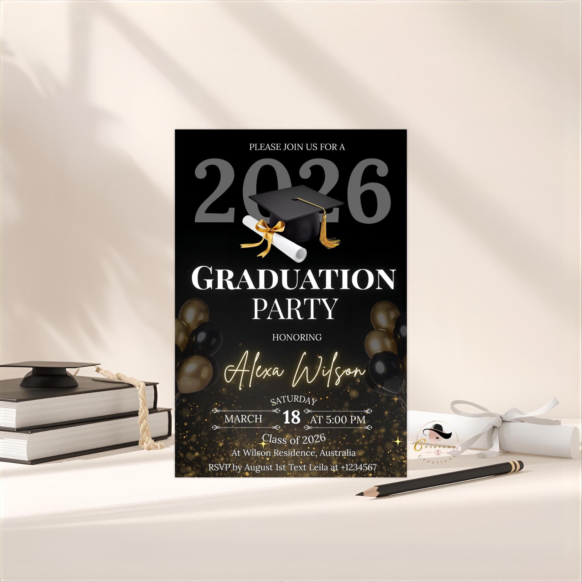 Black Gold Graduation Party Invitation, Class of 2026 Senior Graduation Dinner invite, Editable College Graduate Announcement Template