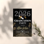 Black Gold Graduation Party Invitation, Class of 2026 Senior Graduation Dinner invite, Editable College Graduate Announcement Template