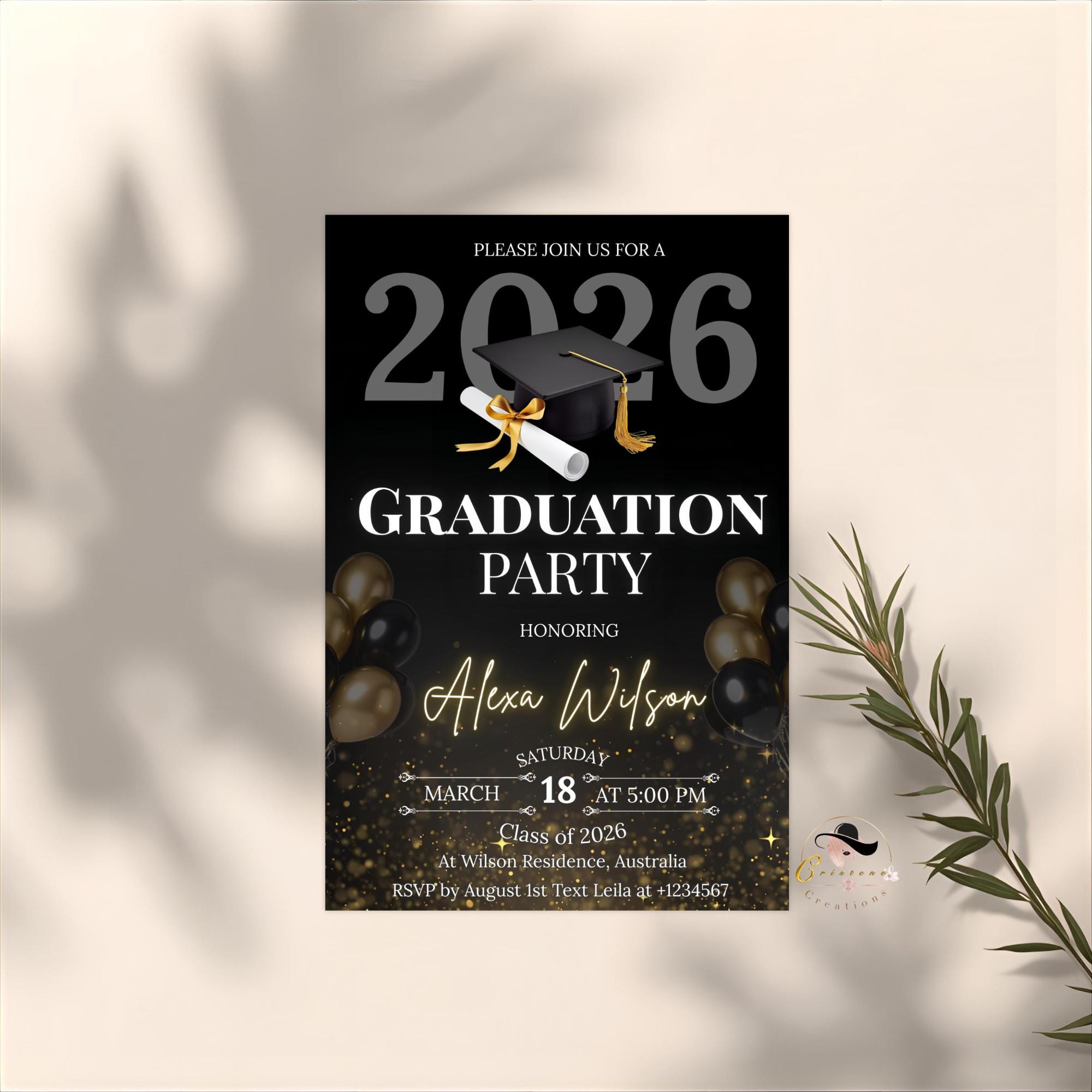 Black Gold Graduation Party Invitation, Class of 2026 Senior Graduation Dinner invite, Editable College Graduate Announcement Template