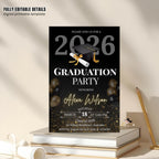 Black Gold Graduation Party Invitation, Class of 2026 Senior Graduation Dinner invite, Editable College Graduate Announcement Template