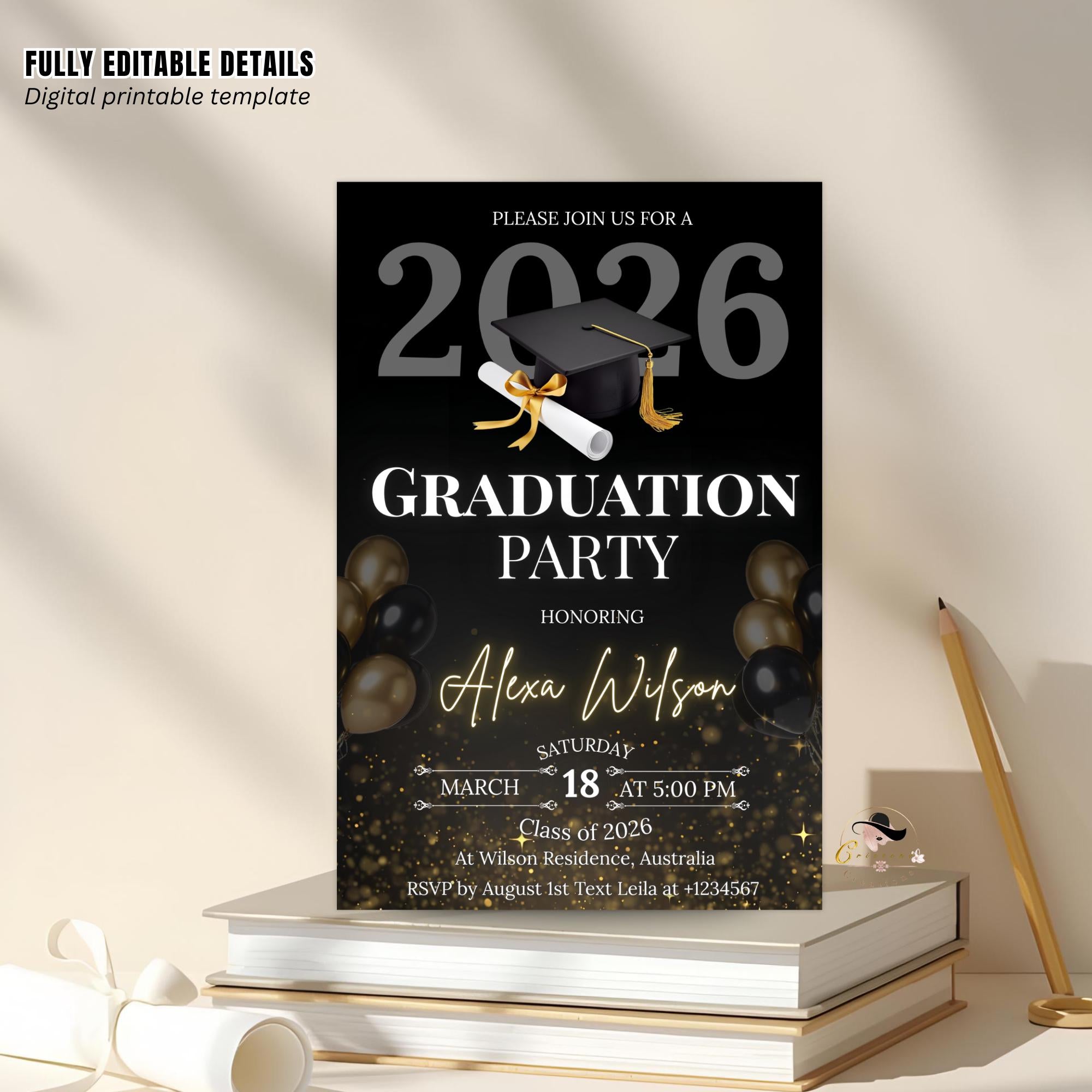 Black Gold Graduation Party Invitation, Class of 2026 Senior Graduation Dinner invite, Editable College Graduate Announcement Template