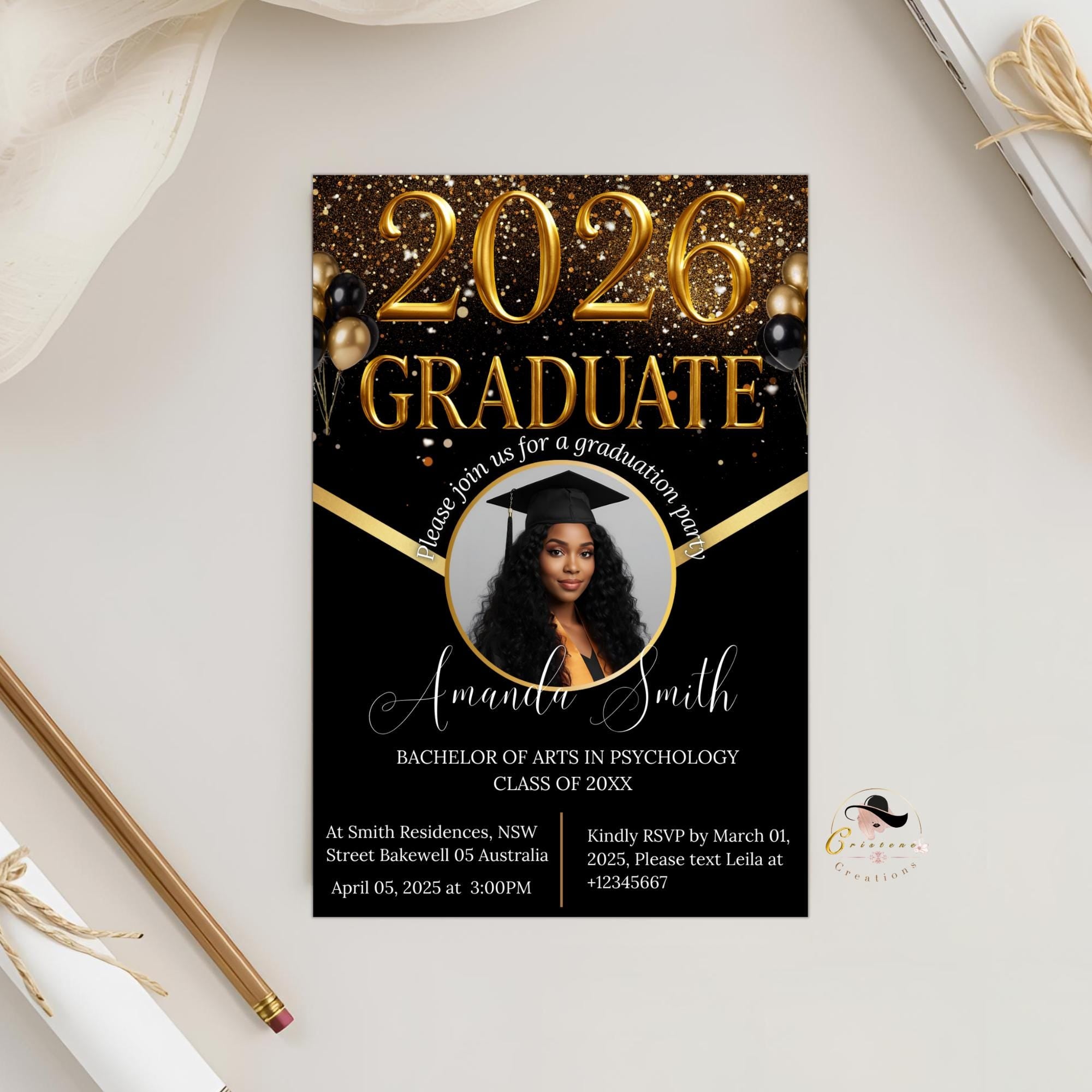 Black gold Graduation Party Announcement 2026 Invitation, Digital Woman Senior Graduation invite with photo, Men College Graduate Template