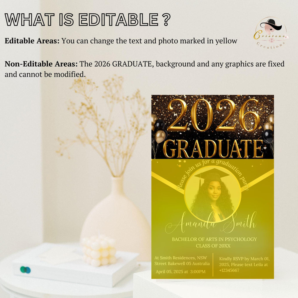 Black gold Graduation Party Announcement 2026 Invitation, Digital Woman Senior Graduation invite with photo, Men College Graduate Template