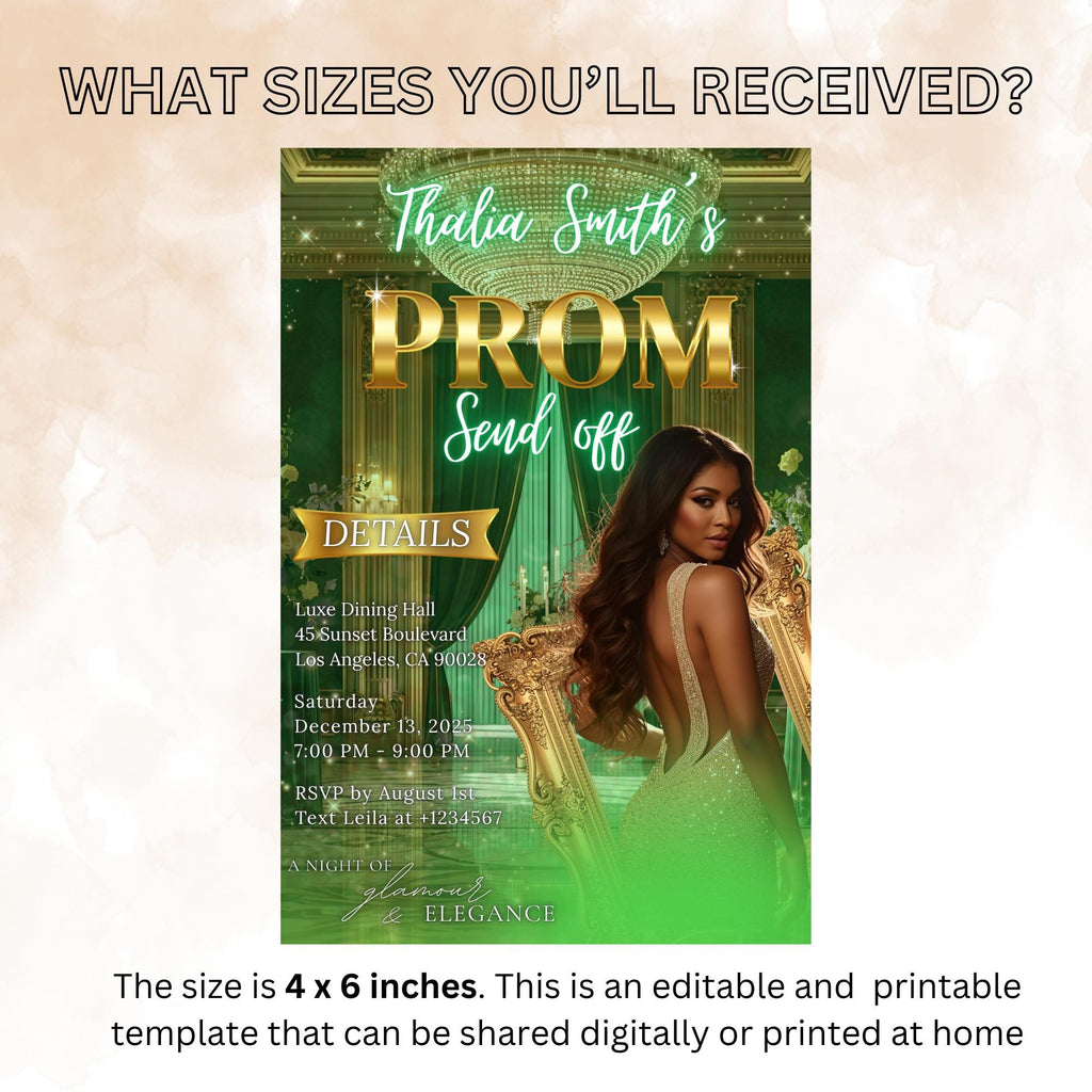 Digital Prom Send Off Party Invitation Green Gold Woman Prom Night with photo invite, Editable Senior Ball and Junior Prom Template, PRM12