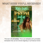 Digital Prom Send Off Party Invitation Green Gold Woman Prom Night with photo invite, Editable Senior Ball and Junior Prom Template, PRM12
