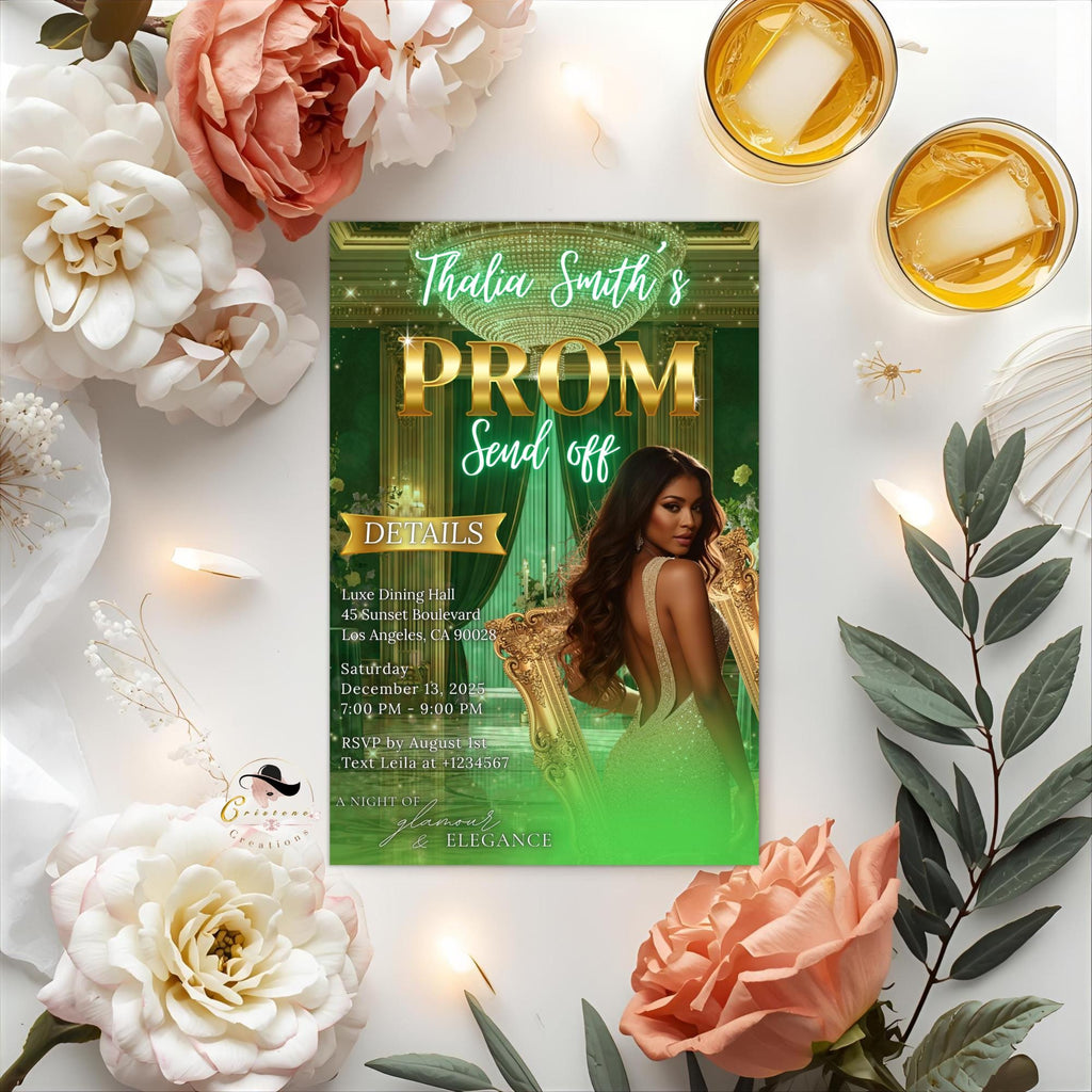 Digital Prom Send Off Party Invitation Green Gold Woman Prom Night with photo invite, Editable Senior Ball and Junior Prom Template, PRM12