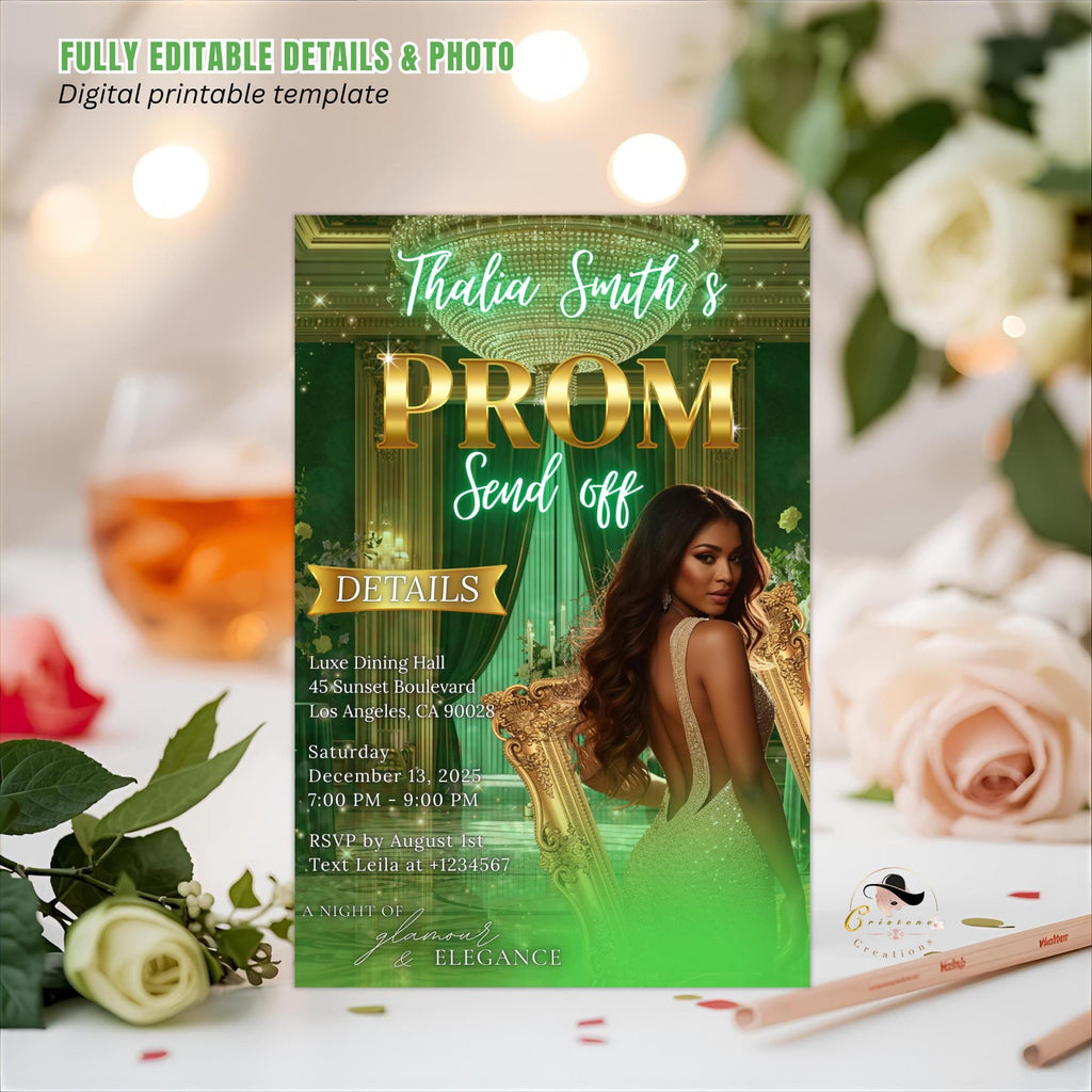 Digital Prom Send Off Party Invitation Green Gold Woman Prom Night with photo invite, Editable Senior Ball and Junior Prom Template, PRM12