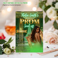 Digital Prom Send Off Party Invitation Green Gold Woman Prom Night with photo invite, Editable Senior Ball and Junior Prom Template, PRM12
