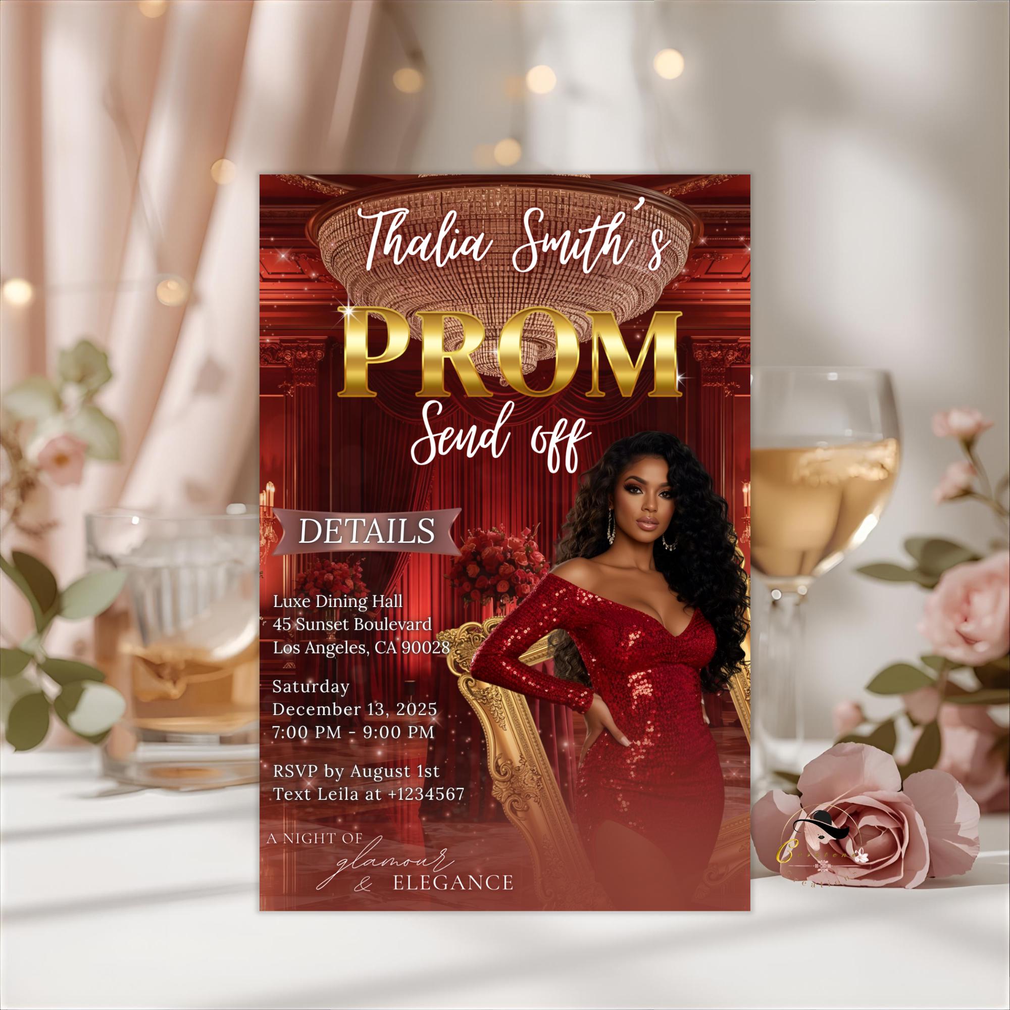 Digital Prom Send Off Party Invitation Maroon Woman Prom Night with photo invite, Editable Senior Ball and Junior Prom Template, PRM13