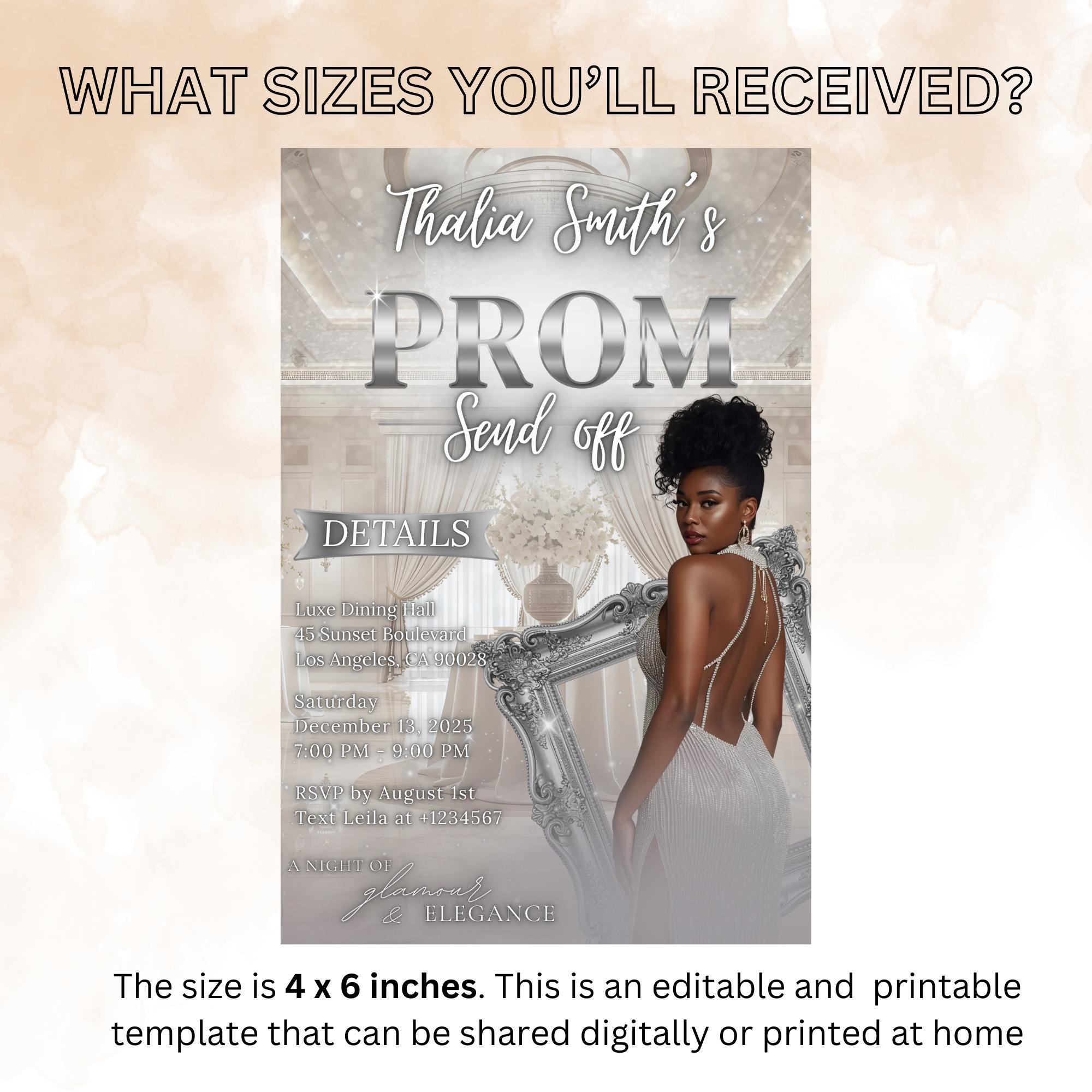Editable Prom Send Off Party Invitation White Silver Woman Prom Night with photo invite, Digital Senior Ball and Junior Prom Template, PRM14