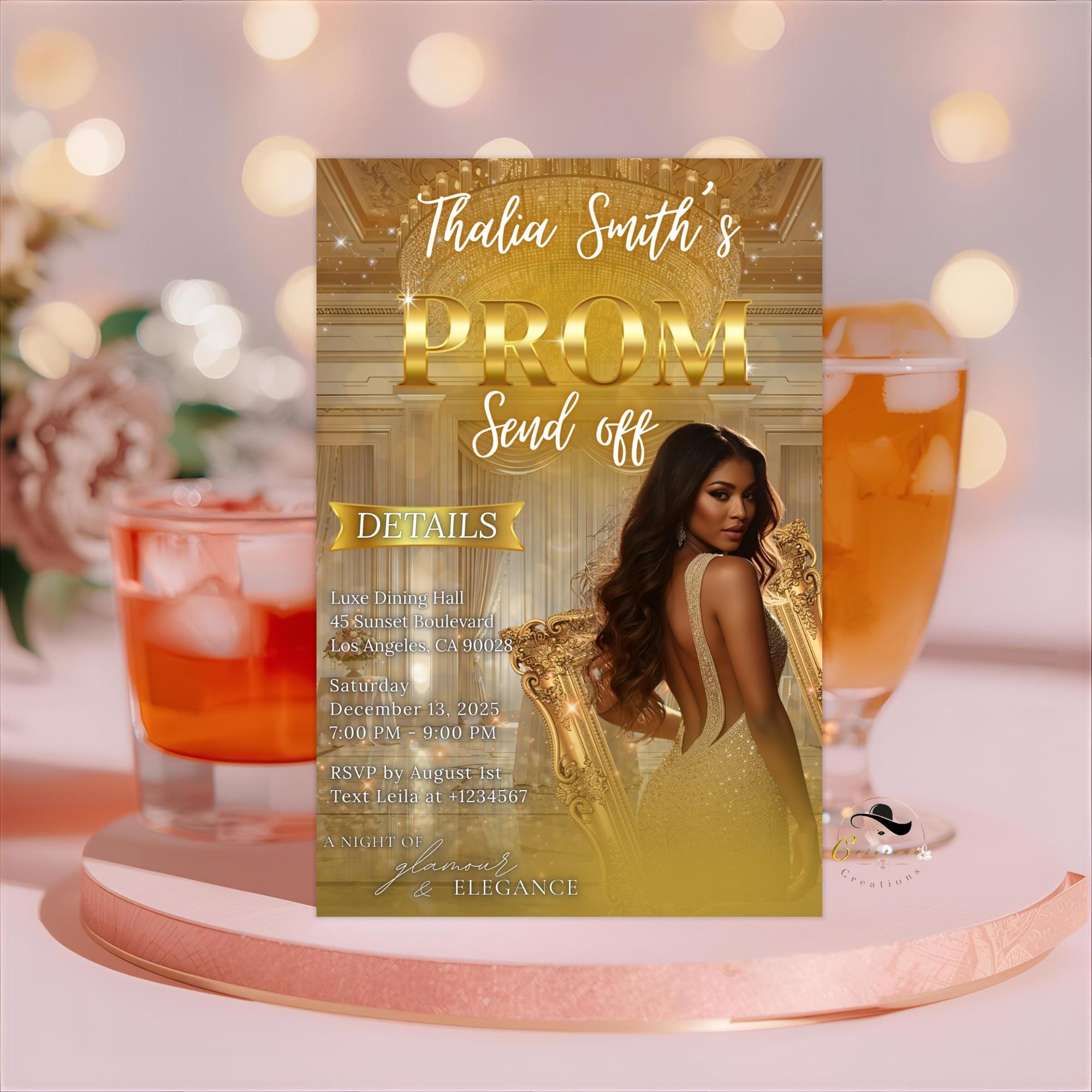 Editable Prom Send Off Party Invitation White Gold Woman Prom Night with photo invite, Digital Senior Ball and Junior Prom Template, PRM15