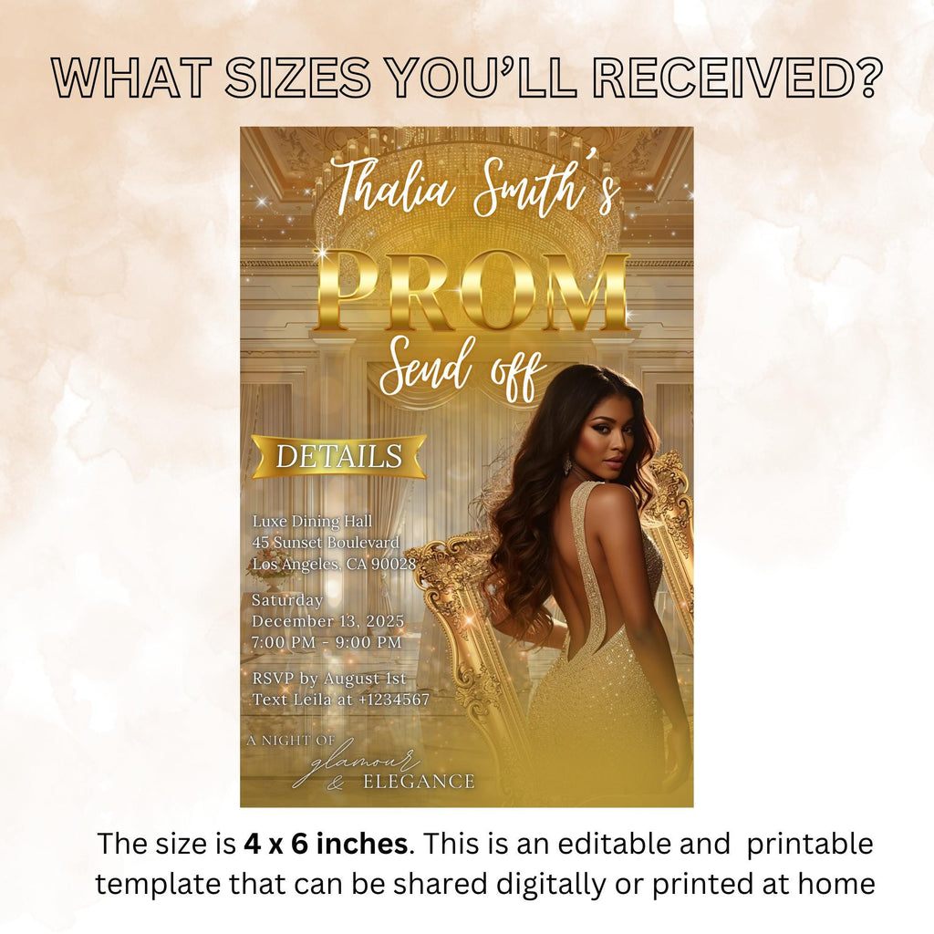 Editable Prom Send Off Party Invitation White Gold Woman Prom Night with photo invite, Digital Senior Ball and Junior Prom Template, PRM15