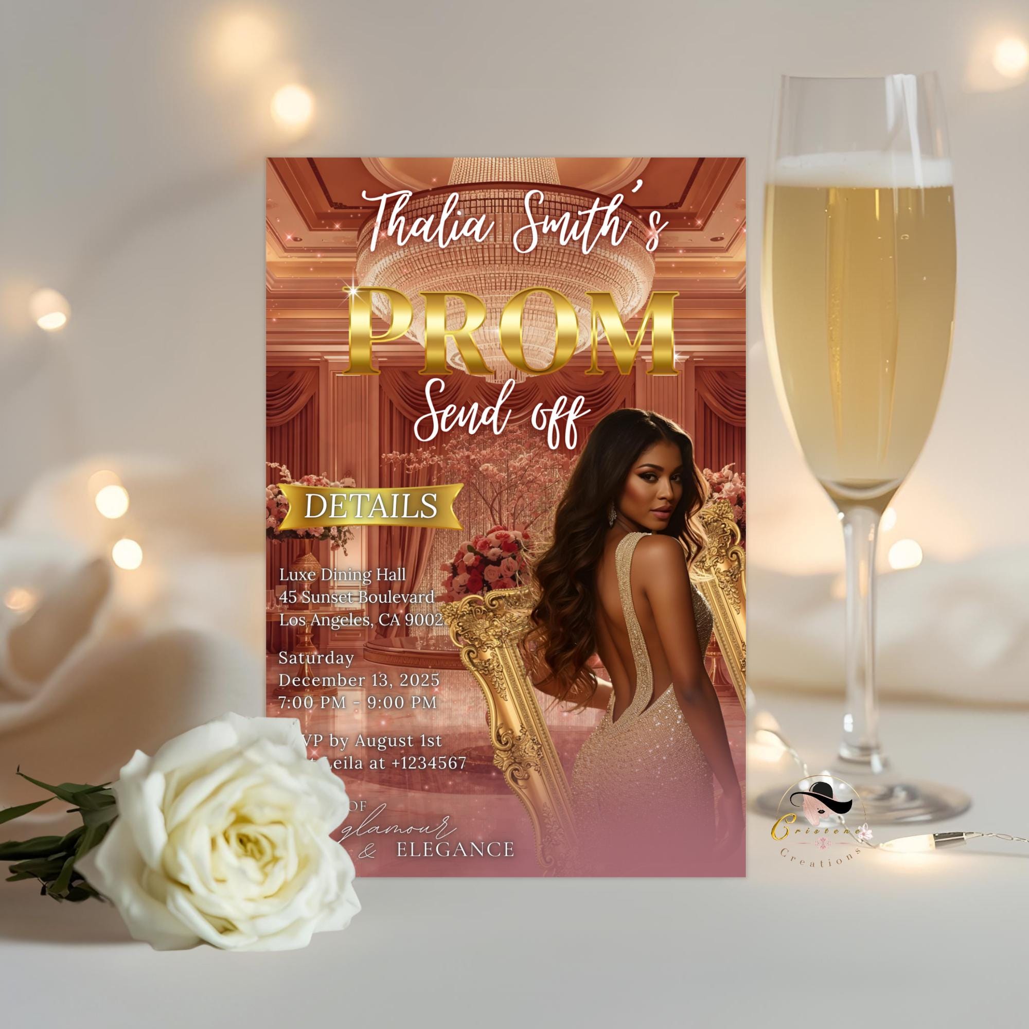 Digital Prom Send Off Party Invitation Rose Gold Pink Woman Prom Night with photo invite Editable Senior Ball and Junior Prom Template PRM16