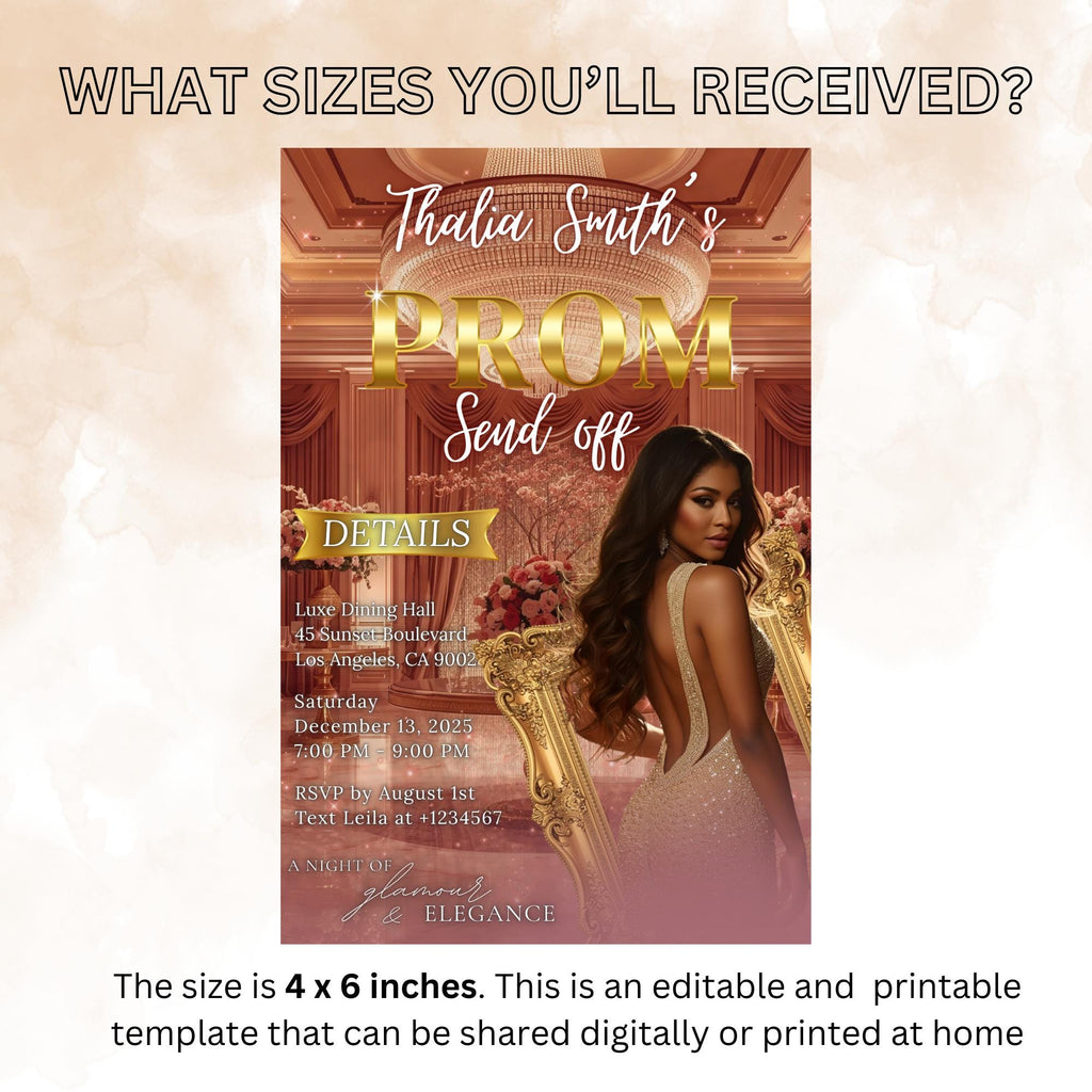 Digital Prom Send Off Party Invitation Rose Gold Pink Woman Prom Night with photo invite Editable Senior Ball and Junior Prom Template PRM16
