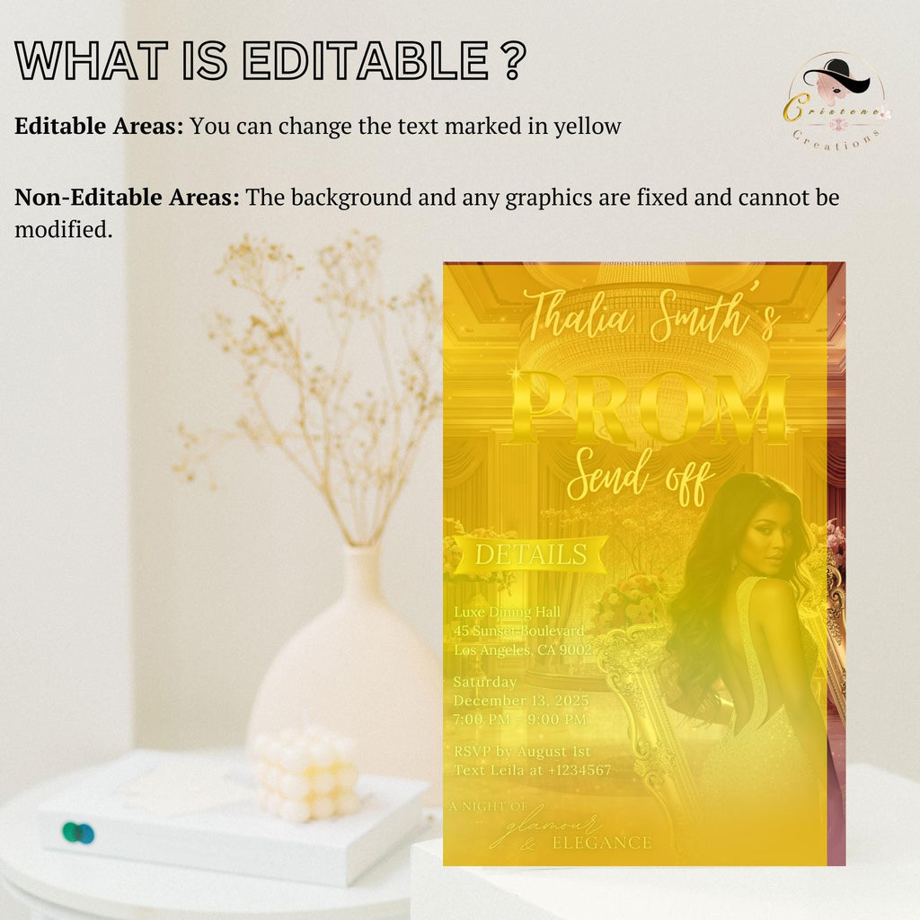 Digital Prom Send Off Party Invitation Rose Gold Pink Woman Prom Night with photo invite Editable Senior Ball and Junior Prom Template PRM16