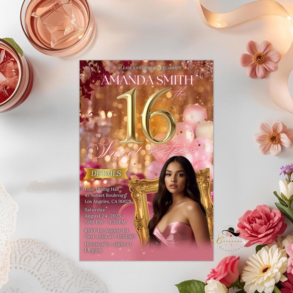Digital Sweet 16 Birthday Invitation Rose Gold Pink 16th Brunch Party Invite, Editable Elegant Sweet Sixteen Dinner with photo Template