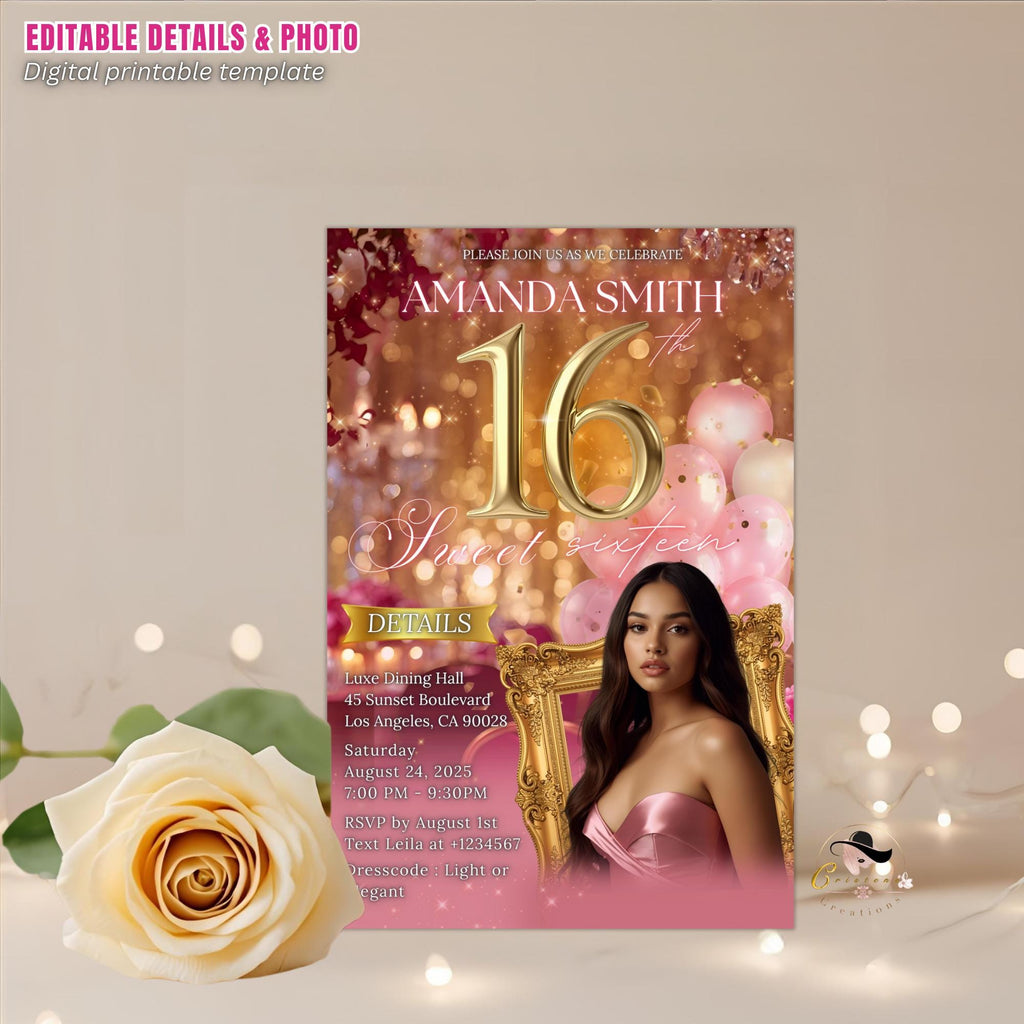 Digital Sweet 16 Birthday Invitation Rose Gold Pink 16th Brunch Party Invite, Editable Elegant Sweet Sixteen Dinner with photo Template