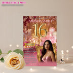 Digital Sweet 16 Birthday Invitation Rose Gold Pink 16th Brunch Party Invite, Editable Elegant Sweet Sixteen Dinner with photo Template