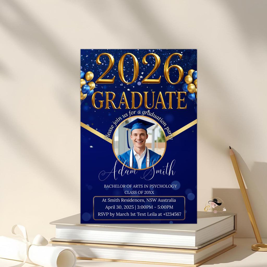 Men Graduation Announcement 2026 Invitation Blue Gold Senior Grad Party Invite with photo Digital College Graduation Day, He DID it Template