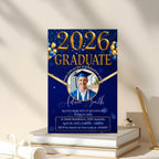 Men Graduation Announcement 2026 Invitation Blue Gold Senior Grad Party Invite with photo Digital College Graduation Day, He DID it Template