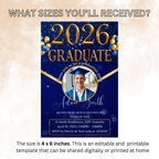 Men Graduation Announcement 2026 Invitation Blue Gold Senior Grad Party Invite with photo Digital College Graduation Day, He DID it Template