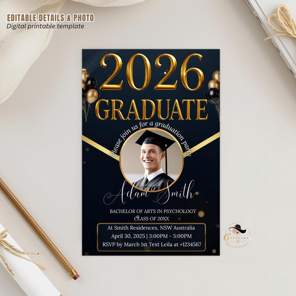 Digital Graduation Party Invitation Men 2026 Senior Graduates Invite with photo, College Graduation Day Announcement, He DID it Template