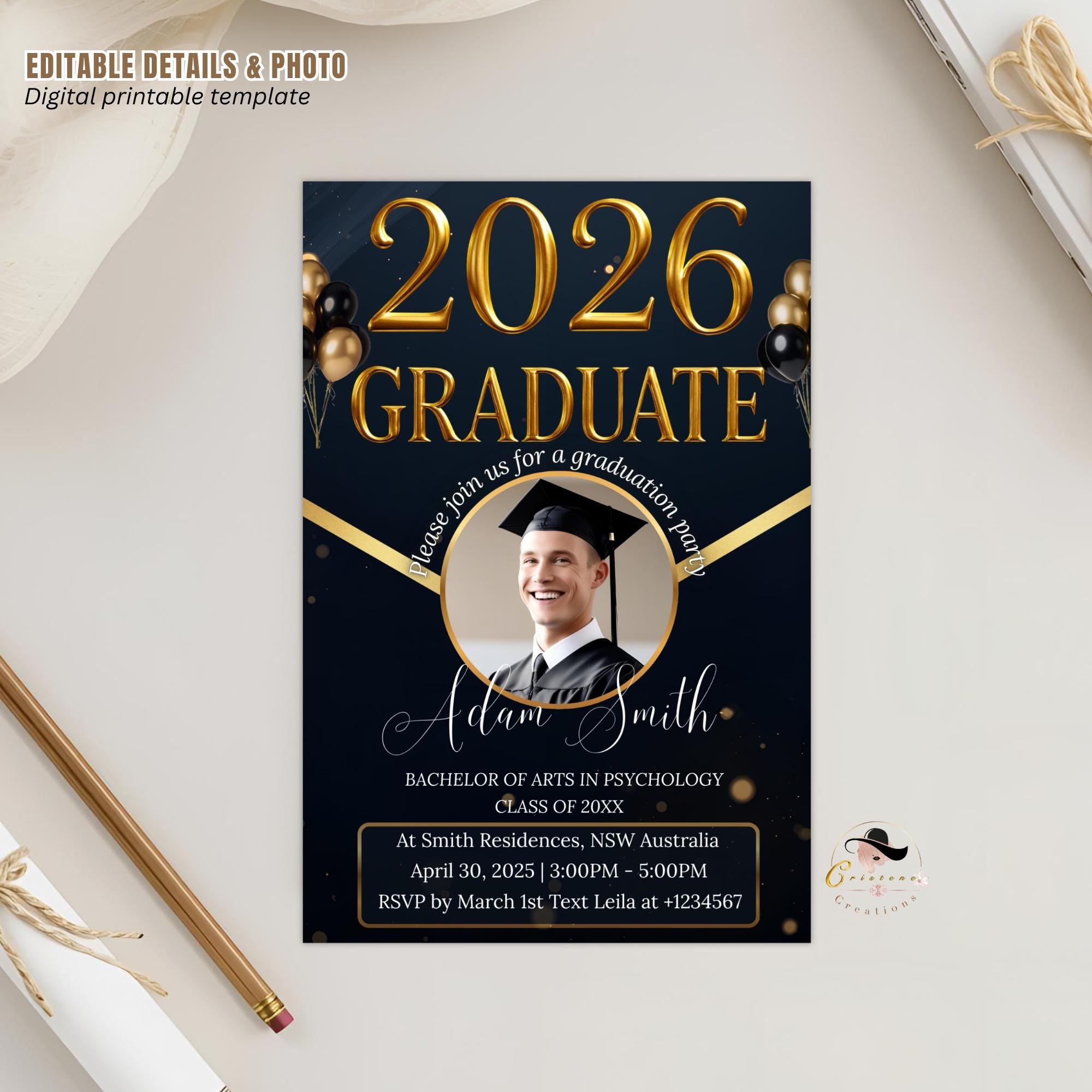 Digital Graduation Party Invitation Men 2026 Senior Graduates Invite with photo, College Graduation Day Announcement, He DID it Template