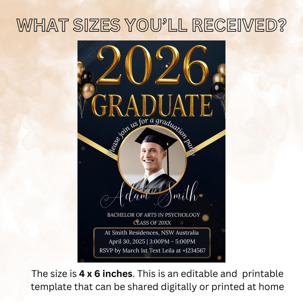 Digital Graduation Party Invitation Men 2026 Senior Graduates Invite with photo, College Graduation Day Announcement, He DID it Template