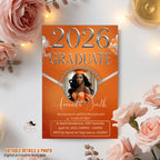 Orange Silver Graduation Announcement 2026 Invitation, Digital Senior Graduation invite with photo, Elegant College Graduates Party Template