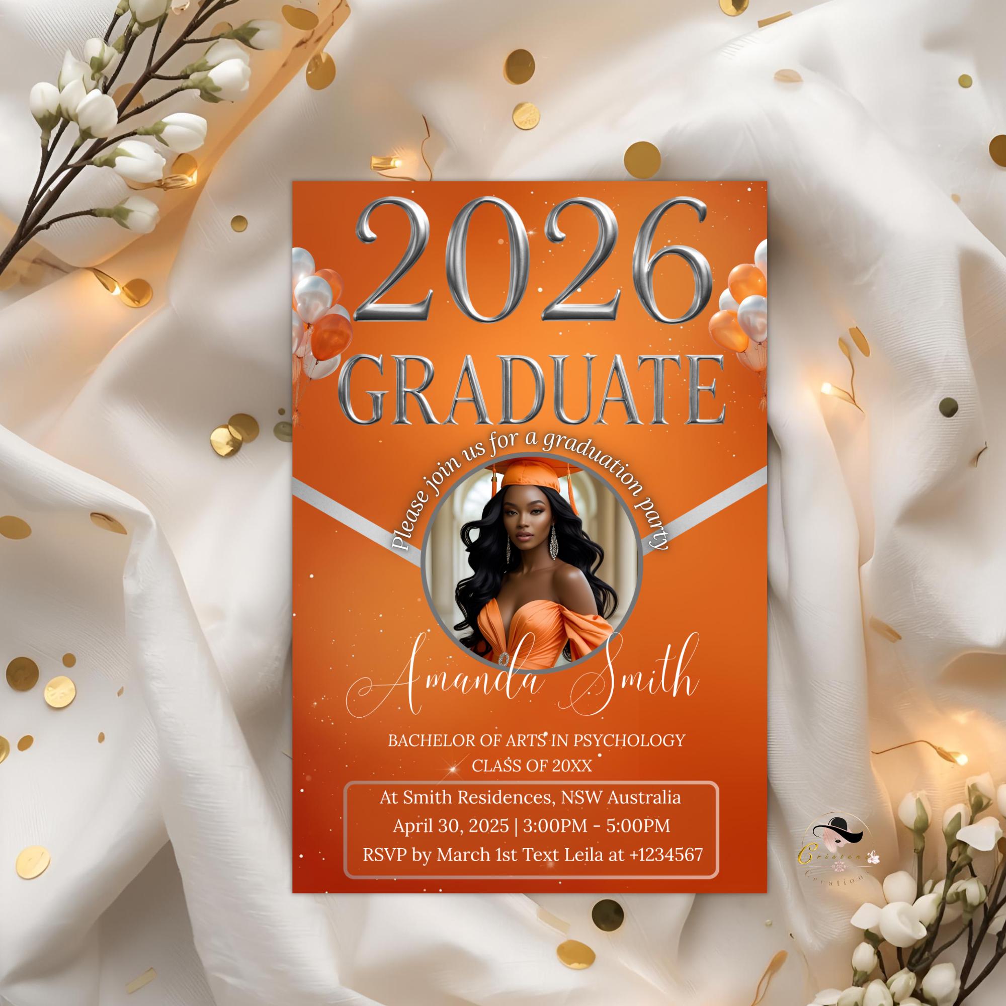 Orange Silver Graduation Announcement 2026 Invitation, Digital Senior Graduation invite with photo, Elegant College Graduates Party Template