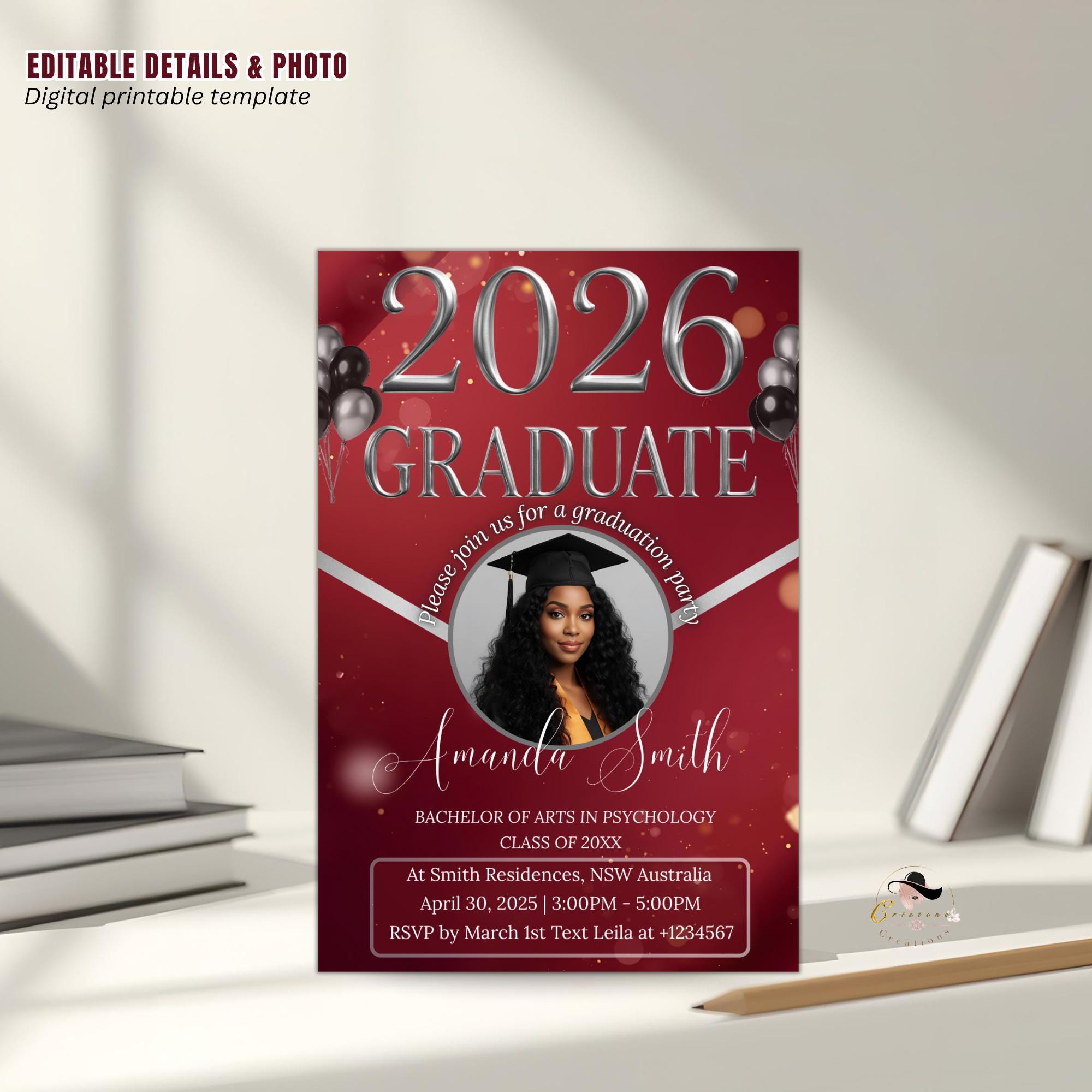 Maroon Graduation Party Invitation 2026, Digital Woman Senior Graduation Announcement invite with photo, Editable College Graduates Template