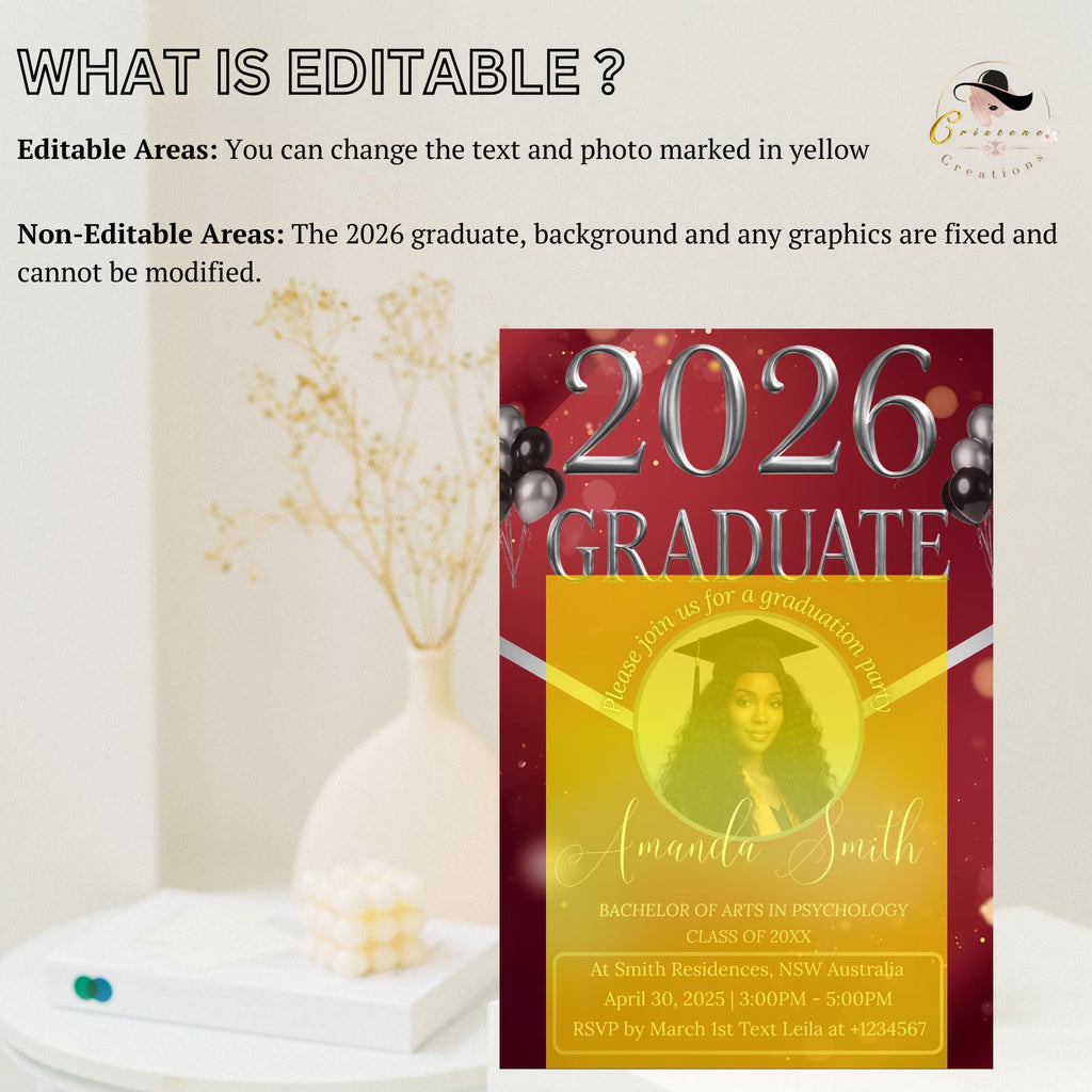 Maroon Graduation Party Invitation 2026, Digital Woman Senior Graduation Announcement invite with photo, Editable College Graduates Template