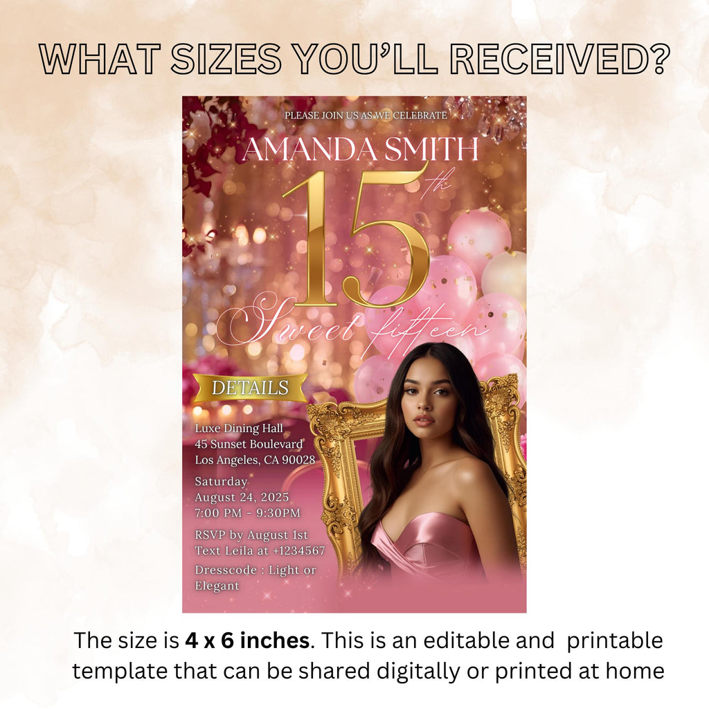 Editable 15th Birthday Invitation with photo Rose Gold Pink Floral Quinceañera Invite, Digital Sweet 15 Dinner Party Template for Teen Girl