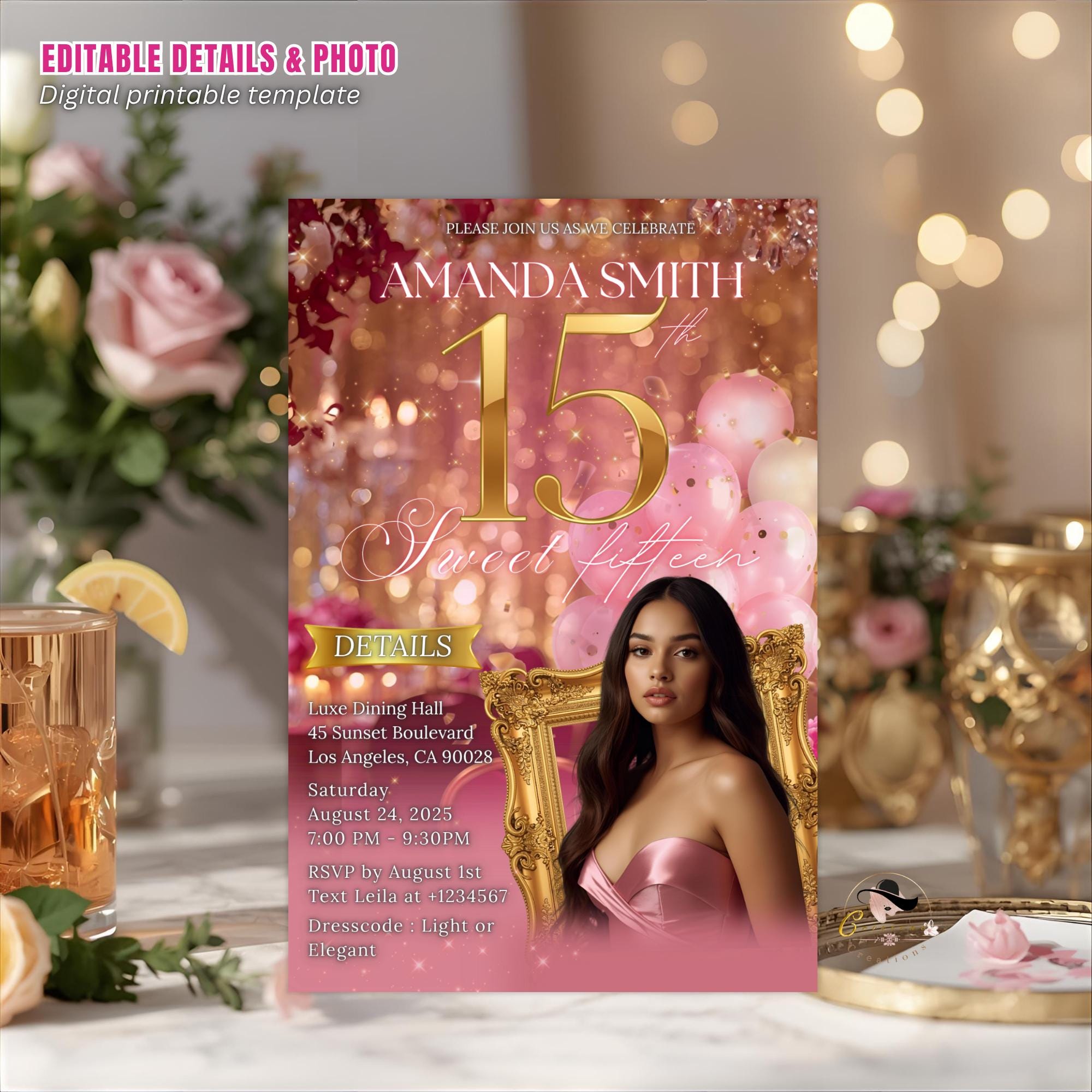 Editable 15th Birthday Invitation with photo Rose Gold Pink Floral Quinceañera Invite, Digital Sweet 15 Dinner Party Template for Teen Girl