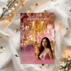 Digital 14th Birthday Invitation with photo Rose Gold Pink Fourteenth Birthday Party Template for Teen Girl, Elegant Brunch Floral Invite