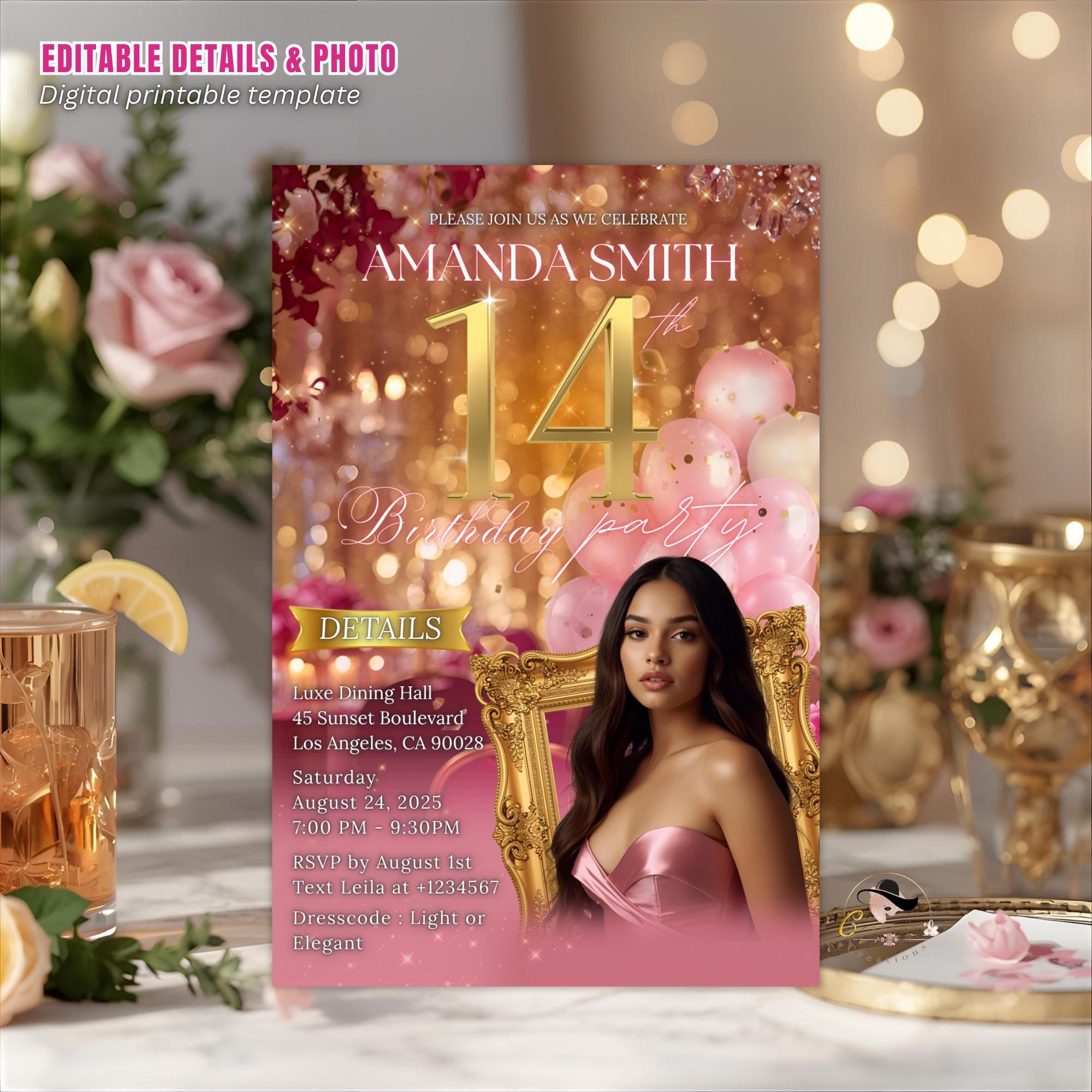 Digital 14th Birthday Invitation with photo Rose Gold Pink Fourteenth Birthday Party Template for Teen Girl, Elegant Brunch Floral Invite