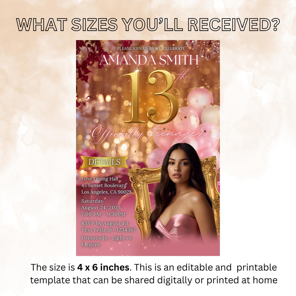 Digital 13th Birthday Invitation Pink Rose Gold Thirteenth Birthday Party with photo Template for Teen Girl, Elegant Brunch Floral Invite
