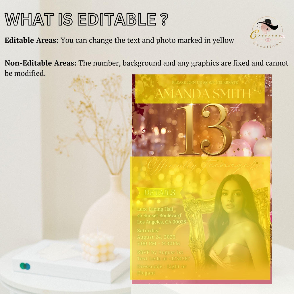 Digital 13th Birthday Invitation Pink Rose Gold Thirteenth Birthday Party with photo Template for Teen Girl, Elegant Brunch Floral Invite