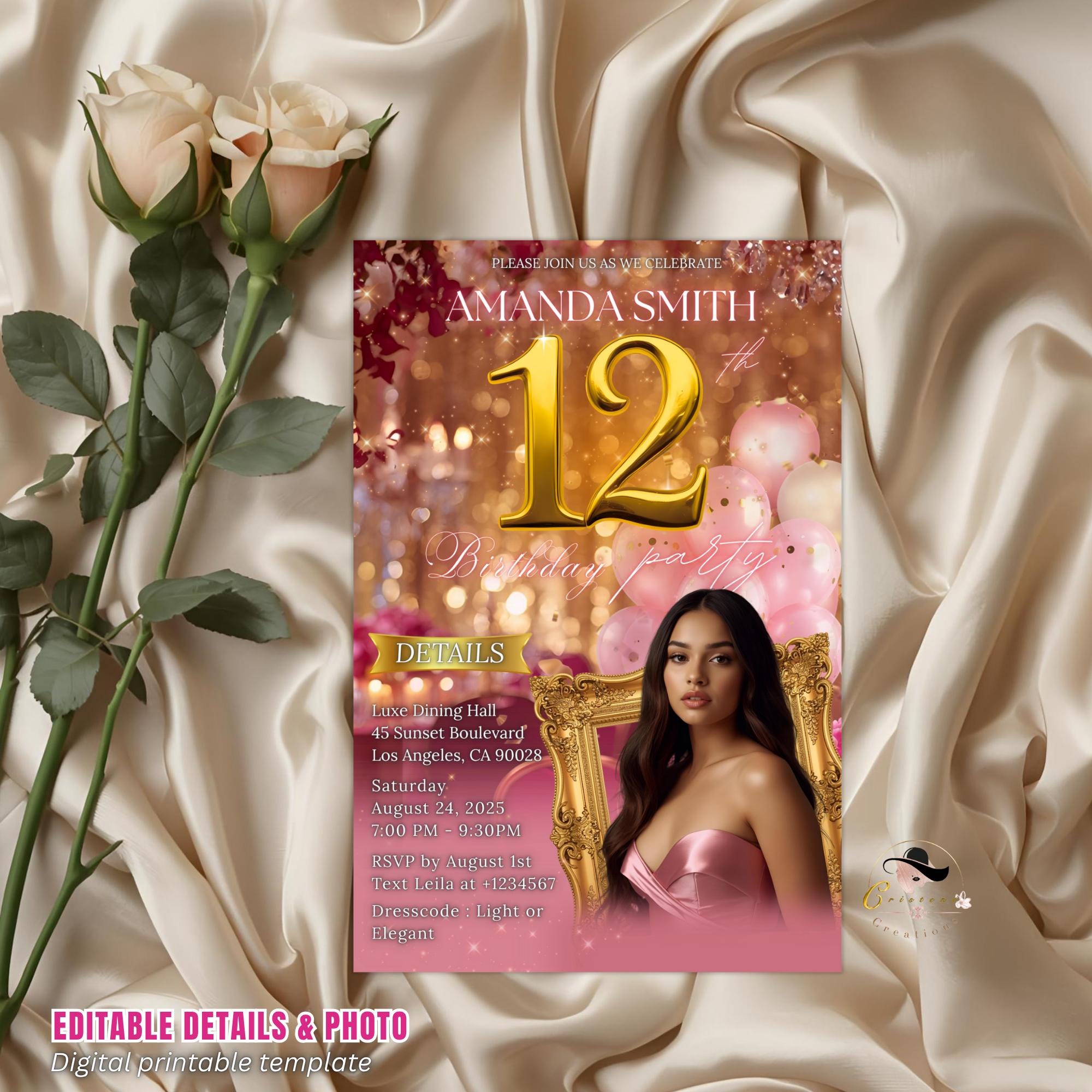 Digital 12th Birthday Invitation with photo Pink Rose Gold Tween Birthday Dinner Template for girl, Twelve Birthday Brunch Floral Invite