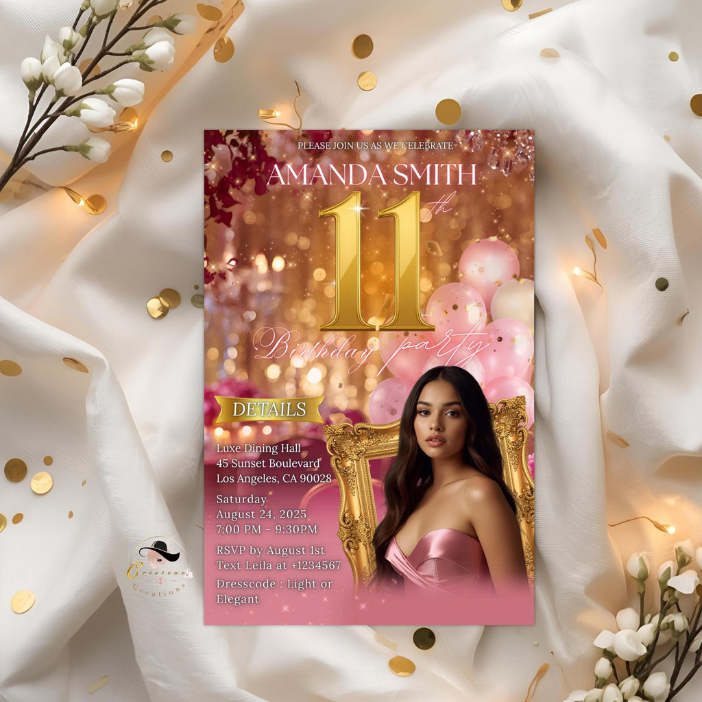 Editable 11th Birthday Invitation with photo Pink Rose gold Eleven Birthday Party Template for girl, Elegant Brunch Floral Glittery Invite
