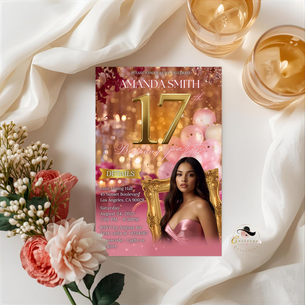 Digital 17th Birthday Invitation Pink Rose Gold Seventeenth Birthday Dinner with photo, Dancing Queen Invite, Elegant Brunch Floral Template