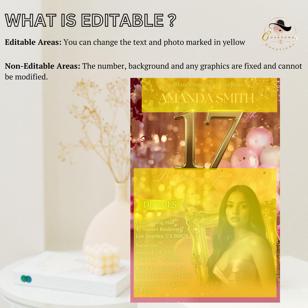 Digital 17th Birthday Invitation Pink Rose Gold Seventeenth Birthday Dinner with photo, Dancing Queen Invite, Elegant Brunch Floral Template