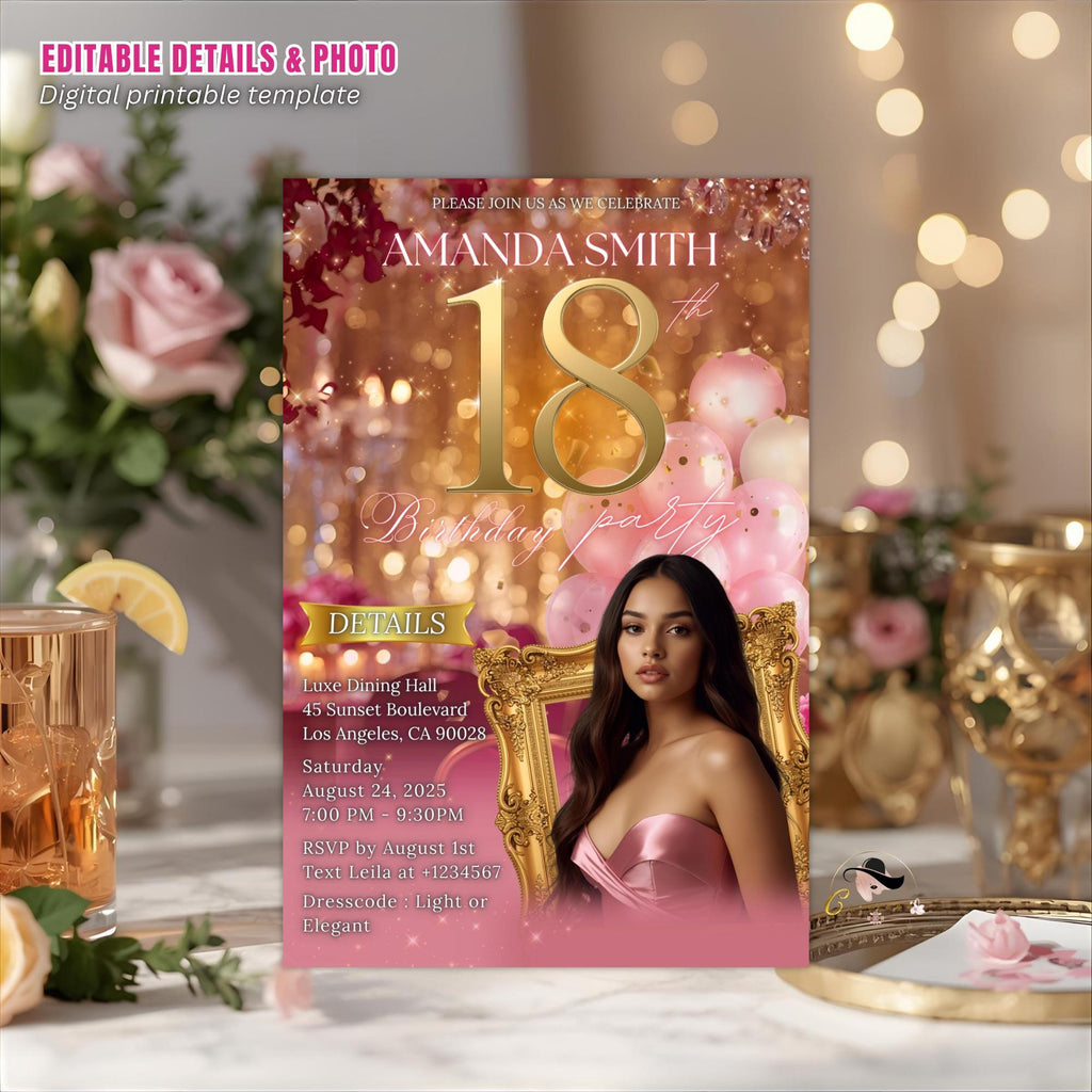 Digital 18th Birthday Invitation Pink Rose gold 18th Birthday Dinner invite Girl Debutante with photo template, Elegant Brunch Floral Invite
