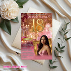Digital 18th Birthday Invitation Pink Rose gold 18th Birthday Dinner invite Girl Debutante with photo template, Elegant Brunch Floral Invite