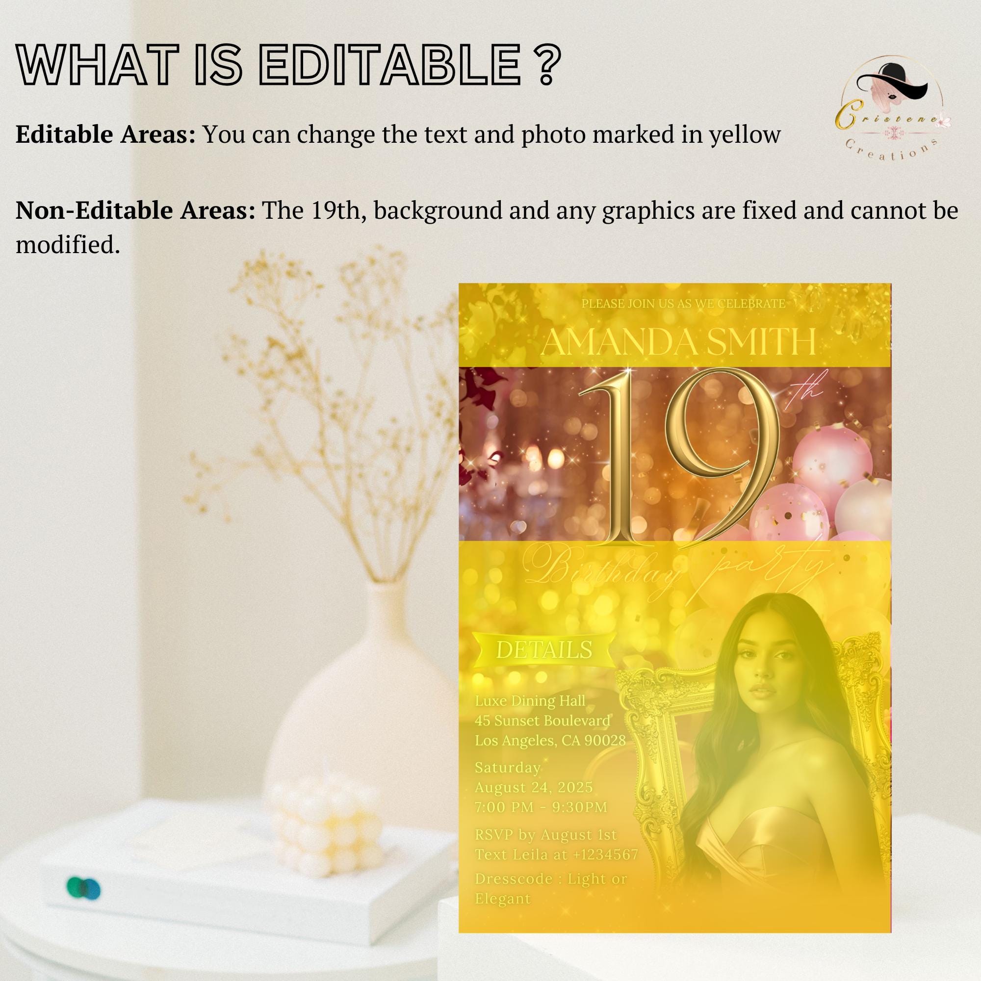 Digital 19th Birthday Invitation with photo Rose Gold Pink Nineteenth Birthday Dinner Template, Elegant Woman Brunch Party Floral Invite