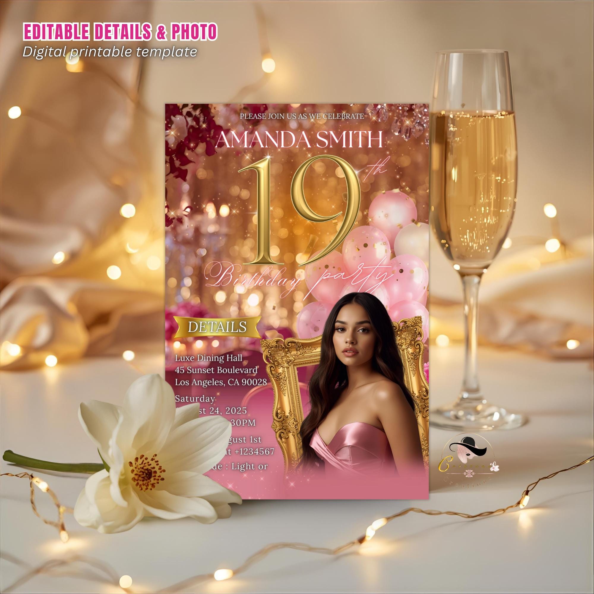 Digital 19th Birthday Invitation with photo Rose Gold Pink Nineteenth Birthday Dinner Template, Elegant Woman Brunch Party Floral Invite